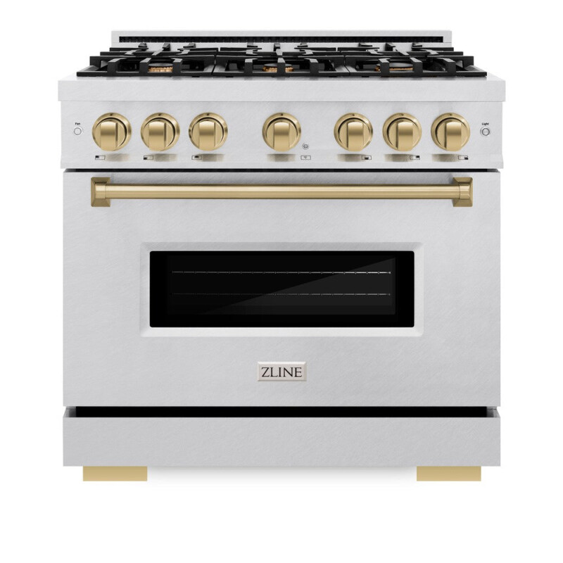 Autograph Edition 36 In. 5.2 Cu. Ft. Classic Dual Fuel Range With 6 Burner Gas Cooktop And Electric Convection Oven In Satin Stainless Steel With Champagne Bronze Accents CDRSZ36CB