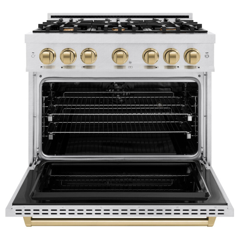 Autograph Edition 36 In. 5.2 Cu. Ft. Classic Dual Fuel Range With 6 Burner Gas Cooktop And Electric Convection Oven In Satin Stainless Steel With Champagne Bronze Accents CDRSZ36CB