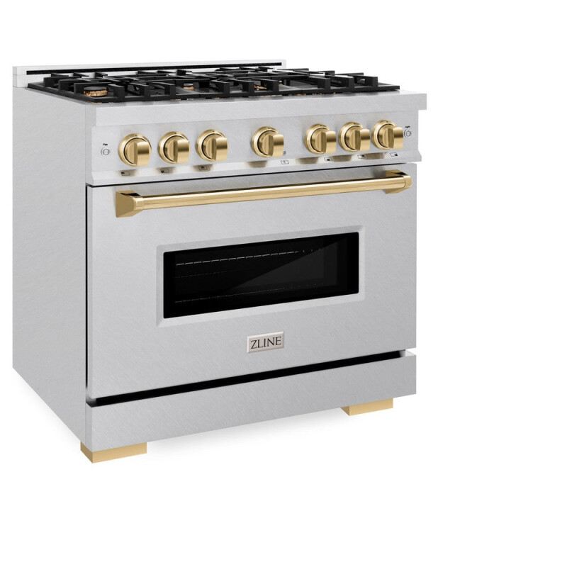 Autograph Edition 36 In. 5.2 Cu. Ft. Classic Dual Fuel Range With 6 Burner Gas Cooktop And Electric Convection Oven In Satin Stainless Steel With Polished Gold Accents CDRSZ36G