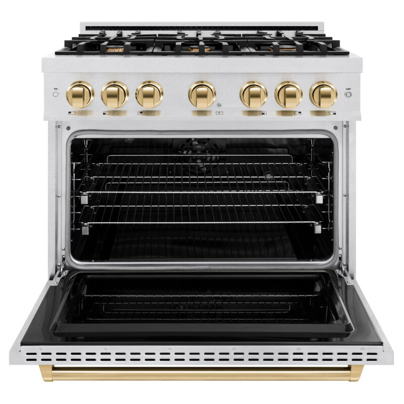 Autograph Edition 36 In. 5.2 Cu. Ft. Classic Dual Fuel Range With 6 Burner Gas Cooktop And Electric Convection Oven In Satin Stainless Steel With Polished Gold Accents CDRSZ36G