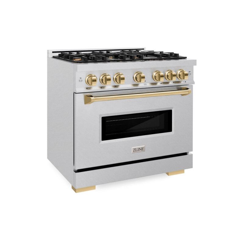 ZLINE Autograph Edition 36 in. 5.2 cu. ft. Classic Dual Fuel Range with 6 Burner Gas Cooktop and Electric Convection Oven in DuraSnow® Stainless Steel with Polished Gold Accents (CDRSZ-36-G) 