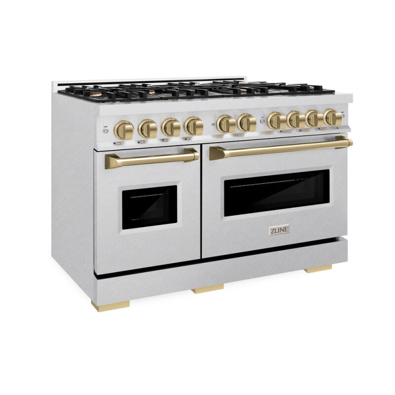 ZLINE Autograph Edition 48 in. 6.7 cu. ft. Classic Double Oven Dual Fuel Range with 8 Burner Gas Cooktop in DuraSnow® Stainless Steel and Champagne Bronze Accents (CDRSZ-48-CB) CDRSZ48CB