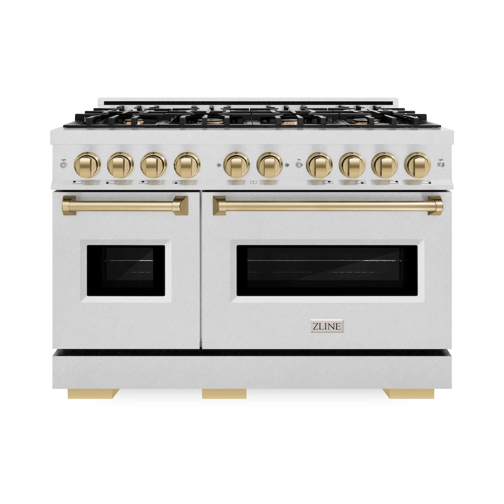 Autograph Edition 48 In. 6.7 Cu. Ft. Classic Double Oven Dual Fuel Range With 8 Burner Gas Cooktop In Satin Stainless Steel And Champagne Bronze Accents CDRSZ48CB