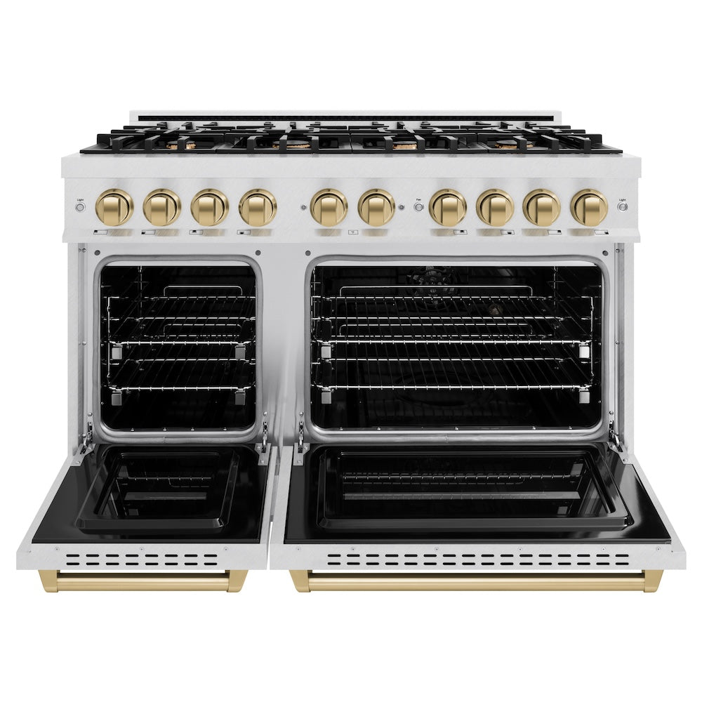 Autograph Edition 48 In. 6.7 Cu. Ft. Classic Double Oven Dual Fuel Range With 8 Burner Gas Cooktop In Satin Stainless Steel And Champagne Bronze Accents CDRSZ48CB