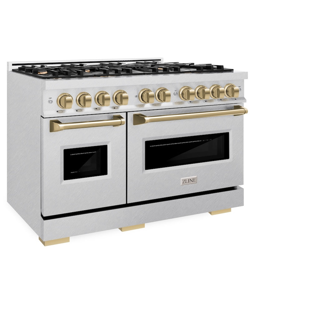 Autograph Edition 48 In. 6.7 Cu. Ft. Classic Double Oven Dual Fuel Range With 8 Burner Gas Cooktop In Satin Stainless Steel And Champagne Bronze Accents CDRSZ48CB
