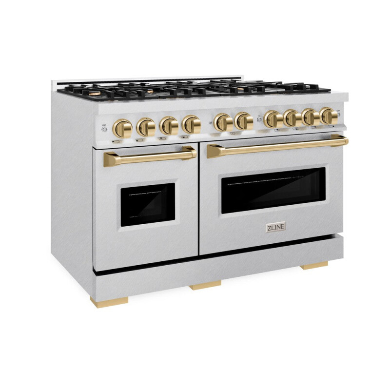 ZLINE Autograph Edition 48 in. 6.7 cu. ft. Classic Double Oven Dual Fuel Range with 8 Burner Gas Cooktop in DuraSnow® Stainless Steel and Polished Gold Accents (CDRSZ-48-G) CDRSZ48G