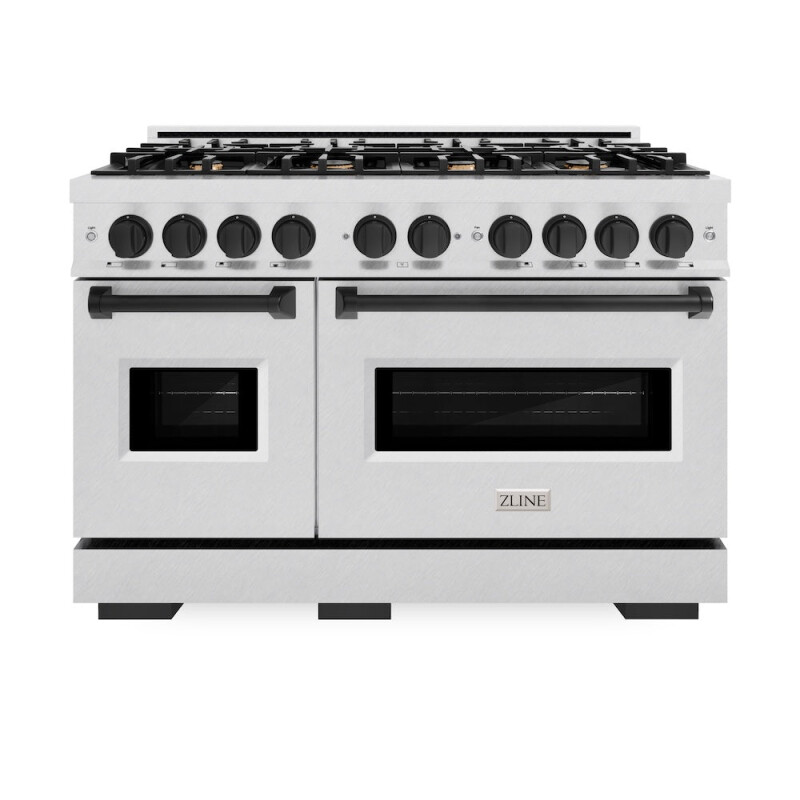 Autograph Edition 48 In. 6.7 Cu. Ft. Classic Double Oven Dual Fuel Range With 8 Burner Gas Cooktop In Satin Stainless Steel And Matte Black Accents CDRSZ48MB