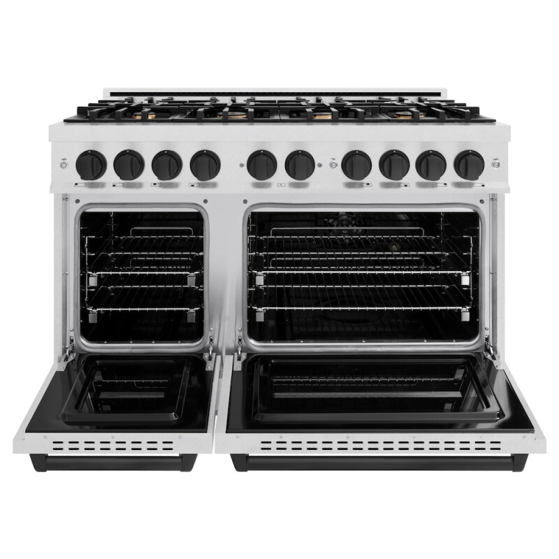Autograph Edition 48 In. 6.7 Cu. Ft. Classic Double Oven Dual Fuel Range With 8 Burner Gas Cooktop In Satin Stainless Steel And Matte Black Accents CDRSZ48MB