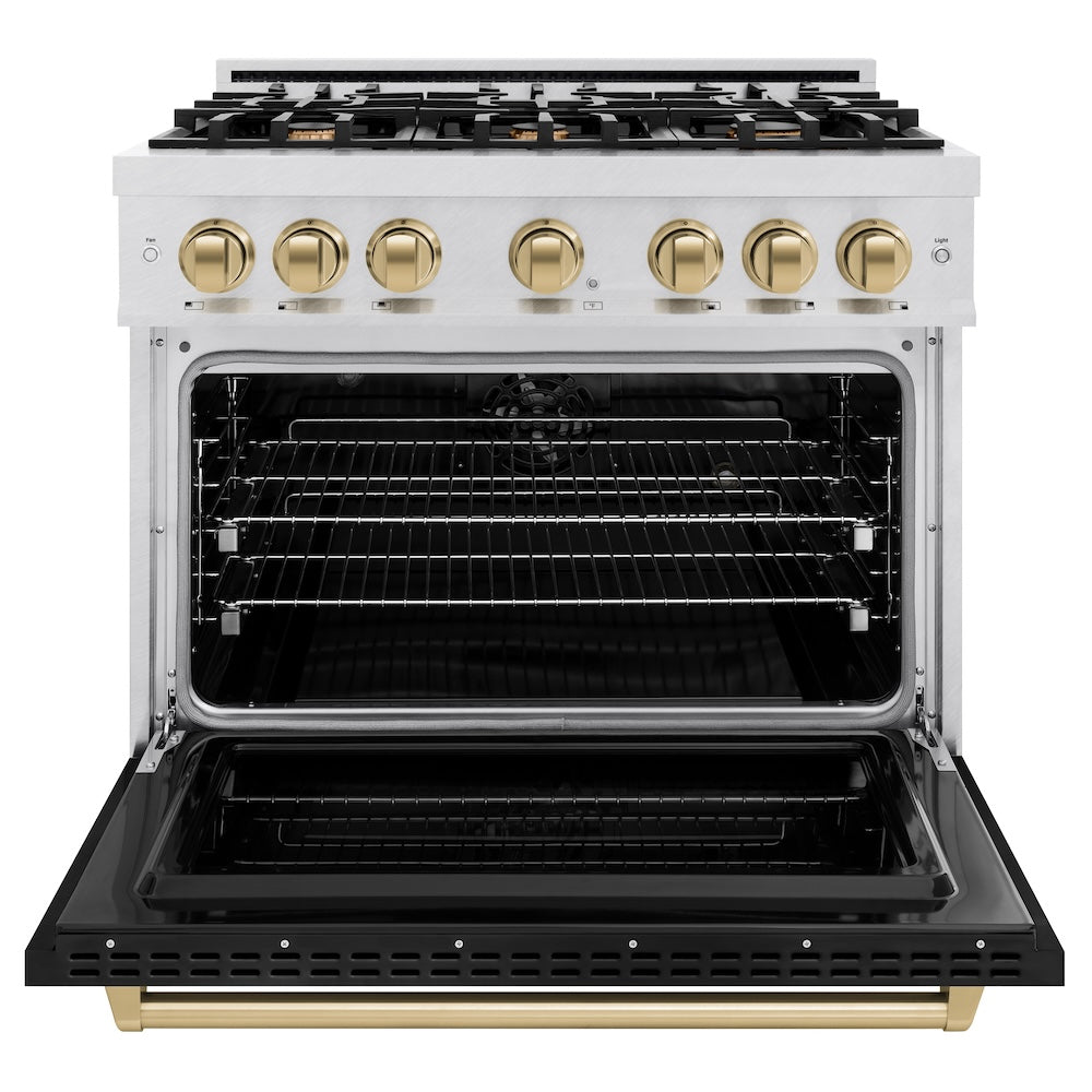 Autograph Edition 36 In. 5.2 Cu. Ft. Classic Dual Fuel Range With 6 Burner Gas Cooktop And Electric Convection Oven In Satin Stainless Steel With Black Matte Door And Champagne Bronze Accents CDRSZBLM36CB