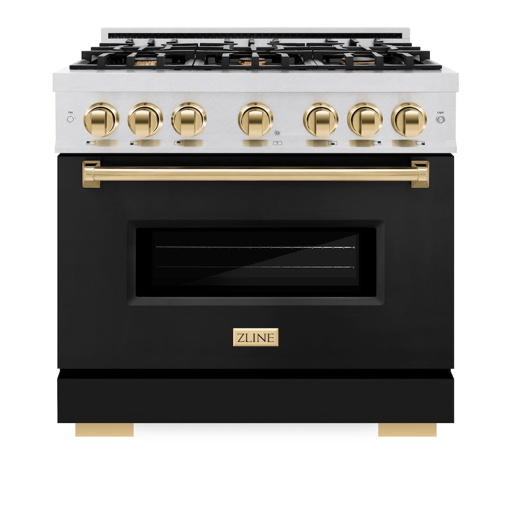 Autograph Edition 36 In. 5.2 Cu. Ft. Classic Dual Fuel Range With 6 Burner Gas Cooktop And Electric Convection Oven In Satin Stainless Steel With Black Matte Door And Polished Gold Accents CDRSZBLM36G