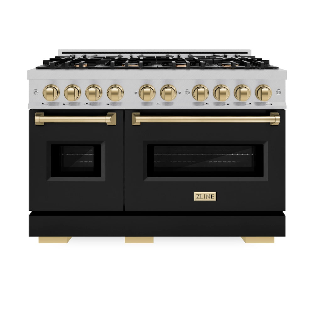 Autograph Edition 48 In. 6.7 Cu. Ft. Classic Double Oven Dual Fuel Range With 8 Burner Gas Cooktop In Satin Stainless Steel With Black Matte Doors And Champagne Bronze Accents CDRSZBLM48CB