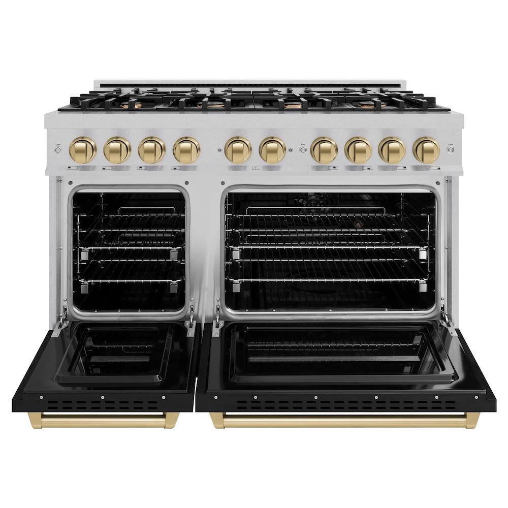 Autograph Edition 48 In. 6.7 Cu. Ft. Classic Double Oven Dual Fuel Range With 8 Burner Gas Cooktop In Satin Stainless Steel With Black Matte Doors And Champagne Bronze Accents CDRSZBLM48CB