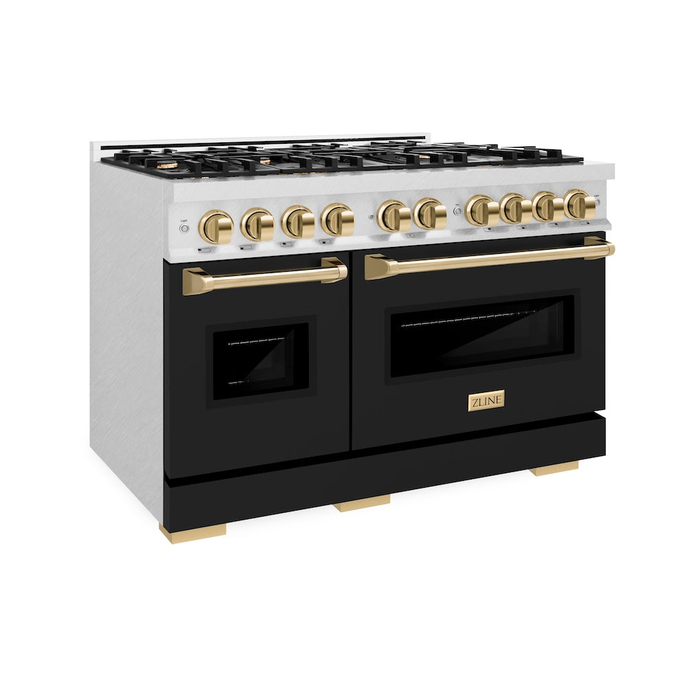 Autograph Edition 48 In. 6.7 Cu. Ft. Classic Double Oven Dual Fuel Range With 8 Burner Gas Cooktop In Satin Stainless Steel With Black Matte Doors And Polished Gold Accents CDRSZBLM48G