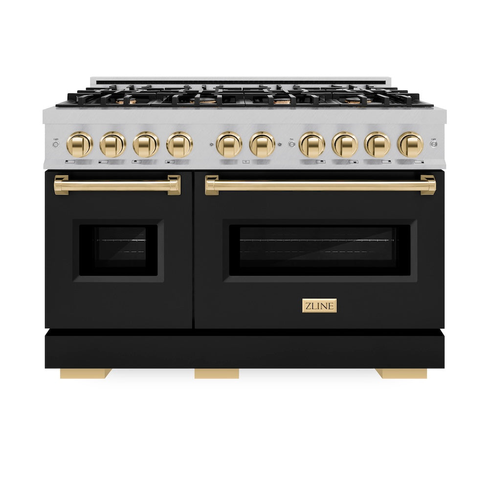 Autograph Edition 48 In. 6.7 Cu. Ft. Classic Double Oven Dual Fuel Range With 8 Burner Gas Cooktop In Satin Stainless Steel With Black Matte Doors And Polished Gold Accents CDRSZBLM48G