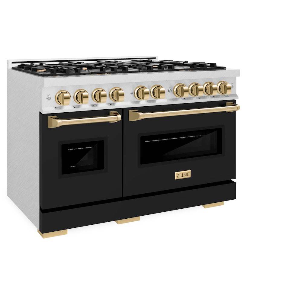 Autograph Edition 48 In. 6.7 Cu. Ft. Classic Double Oven Dual Fuel Range With 8 Burner Gas Cooktop In Satin Stainless Steel With Black Matte Doors And Polished Gold Accents CDRSZBLM48G