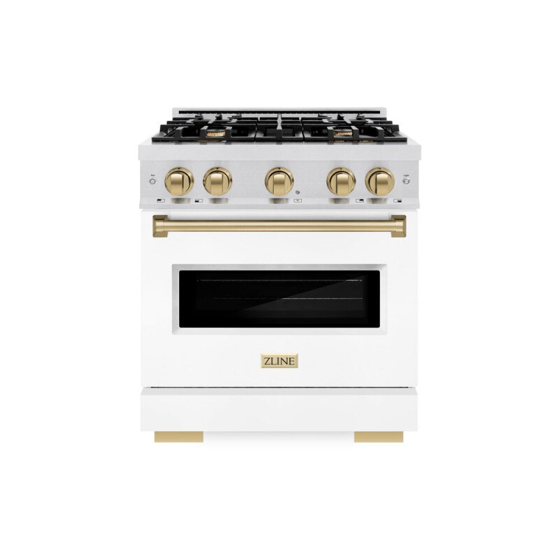 Autograph Edition 30 In. 4.2 Cu. Ft. Classic Dual Fuel Range With 4 Burner Gas Cooktop And Electric Convection Oven In Satin Stainless Steel With White Matte Door And Champagne Bronze Accents CDRSZWM30CB