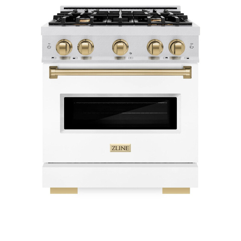 Autograph Edition 30 In. 4.2 Cu. Ft. Classic Dual Fuel Range With 4 Burner Gas Cooktop And Electric Convection Oven In Satin Stainless Steel With White Matte Door And Champagne Bronze Accents CDRSZWM30CB