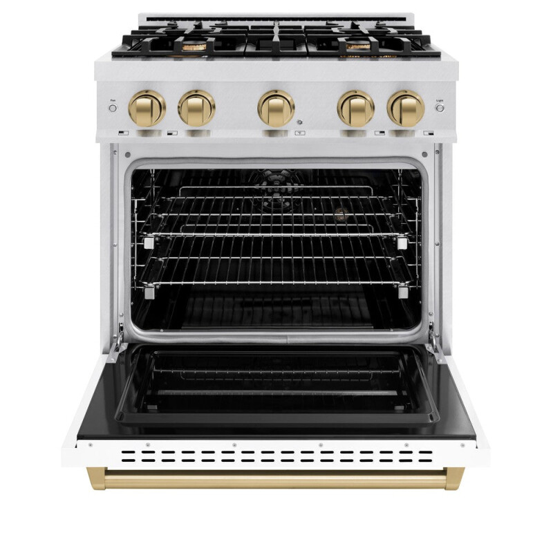 Autograph Edition 30 In. 4.2 Cu. Ft. Classic Dual Fuel Range With 4 Burner Gas Cooktop And Electric Convection Oven In Satin Stainless Steel With White Matte Door And Champagne Bronze Accents CDRSZWM30CB