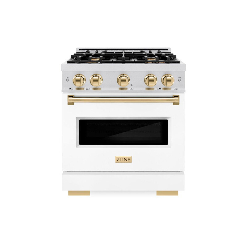 Autograph Edition 30 In. 4.2 Cu. Ft. Classic Dual Fuel Range With 4 Burner Gas Cooktop And Electric Convection Oven In Satin Stainless Steel With White Matte Door And Polished Gold Accents CDRSZWM30G
