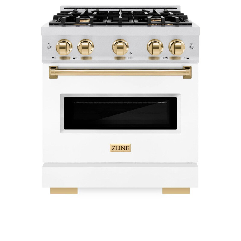 Autograph Edition 30 In. 4.2 Cu. Ft. Classic Dual Fuel Range With 4 Burner Gas Cooktop And Electric Convection Oven In Satin Stainless Steel With White Matte Door And Polished Gold Accents CDRSZWM30G