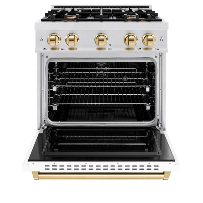 Autograph Edition 30 In. 4.2 Cu. Ft. Classic Dual Fuel Range With 4 Burner Gas Cooktop And Electric Convection Oven In Satin Stainless Steel With White Matte Door And Polished Gold Accents CDRSZWM30G