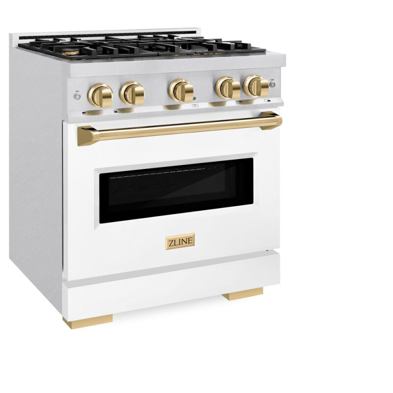 Autograph Edition 30 In. 4.2 Cu. Ft. Classic Dual Fuel Range With 4 Burner Gas Cooktop And Electric Convection Oven In Satin Stainless Steel With White Matte Door And Polished Gold Accents CDRSZWM30G