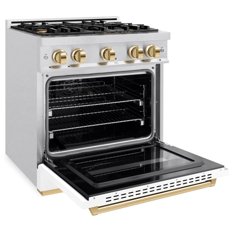 Autograph Edition 30 In. 4.2 Cu. Ft. Classic Dual Fuel Range With 4 Burner Gas Cooktop And Electric Convection Oven In Satin Stainless Steel With White Matte Door And Polished Gold Accents CDRSZWM30G