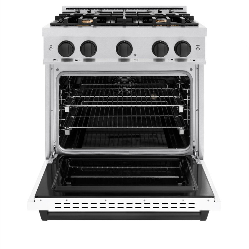 Autograph Edition 30 In. 4.2 Cu. Ft. Classic Dual Fuel Range With 4 Burner Gas Cooktop And Electric Convection Oven In Satin Stainless Steel With White Matte Door And Matte Black Accents CDRSZWM30MB