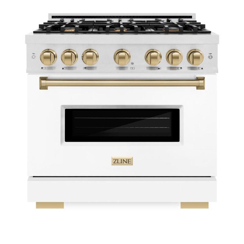 Autograph Edition 36 In. 5.2 Cu. Ft. Classic Dual Fuel Range With 6 Burner Gas Cooktop And Electric Convection Oven In Satin Stainless Steel With White Matte Door And Champagne Bronze Accents CDRSZWM36CB