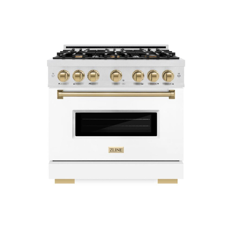 Autograph Edition 36 In. 5.2 Cu. Ft. Classic Dual Fuel Range With 6 Burner Gas Cooktop And Electric Convection Oven In Satin Stainless Steel With White Matte Door And Champagne Bronze Accents CDRSZWM36CB