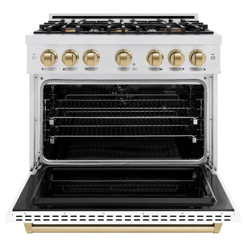 Autograph Edition 36 In. 5.2 Cu. Ft. Classic Dual Fuel Range With 6 Burner Gas Cooktop And Electric Convection Oven In Satin Stainless Steel With White Matte Door And Champagne Bronze Accents CDRSZWM36CB