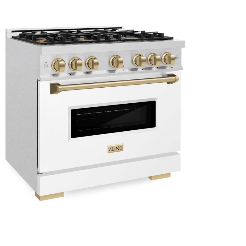 Autograph Edition 36 In. 5.2 Cu. Ft. Classic Dual Fuel Range With 6 Burner Gas Cooktop And Electric Convection Oven In Satin Stainless Steel With White Matte Door And Champagne Bronze Accents CDRSZWM36CB