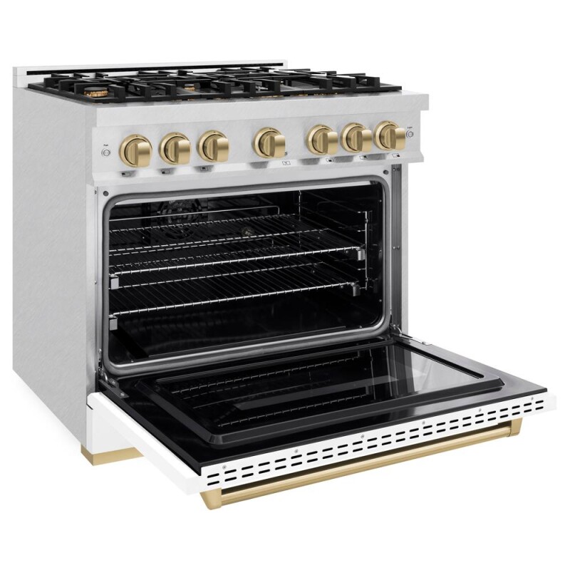 Autograph Edition 36 In. 5.2 Cu. Ft. Classic Dual Fuel Range With 6 Burner Gas Cooktop And Electric Convection Oven In Satin Stainless Steel With White Matte Door And Champagne Bronze Accents CDRSZWM36CB