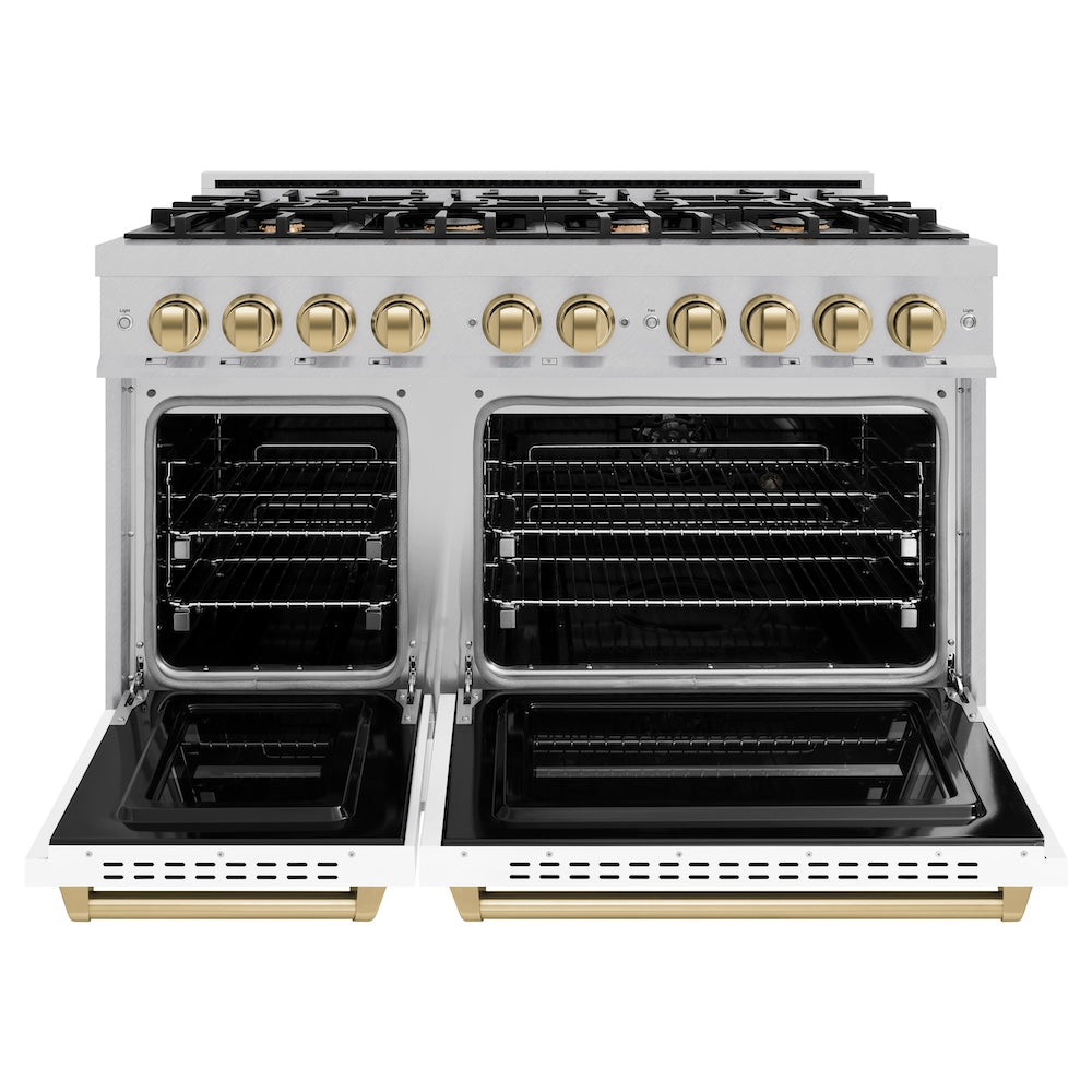 Autograph Edition 48 In. 6.7 Cu. Ft. Classic Double Oven Dual Fuel Range With 8 Burner Gas Cooktop In Satin Stainless Steel With White Matte Doors And Champagne Bronze Accents CDRSZWM48CB