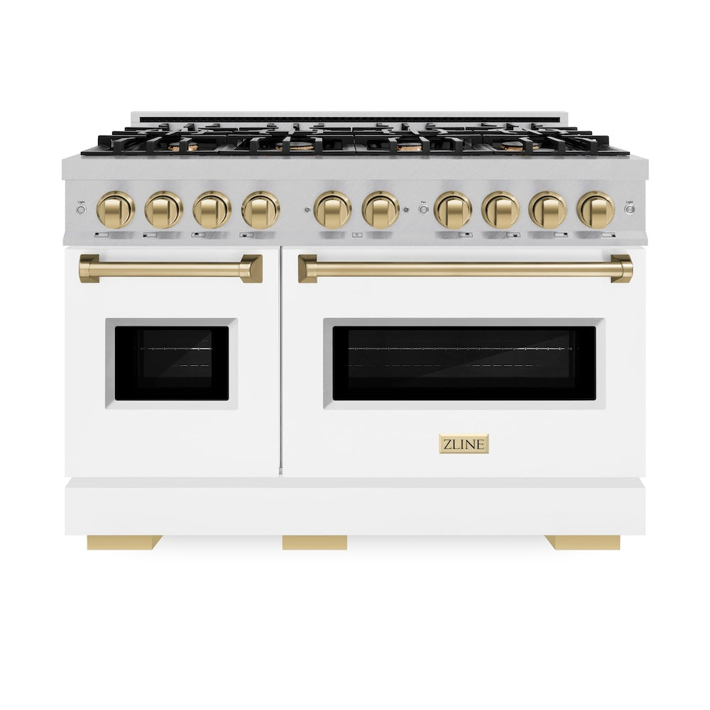 Autograph Edition 48 In. 6.7 Cu. Ft. Classic Double Oven Dual Fuel Range With 8 Burner Gas Cooktop In Satin Stainless Steel With White Matte Doors And Champagne Bronze Accents CDRSZWM48CB