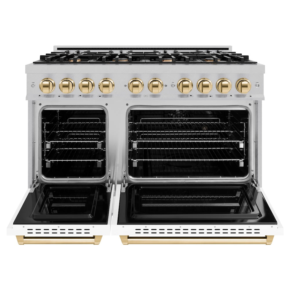 Autograph Edition 48 In. 6.7 Cu. Ft. Classic Double Oven Dual Fuel Range With 8 Burner Gas Cooktop In Satin Stainless Steel With White Matte Doors And Polished Gold Accents CDRSZWM48G