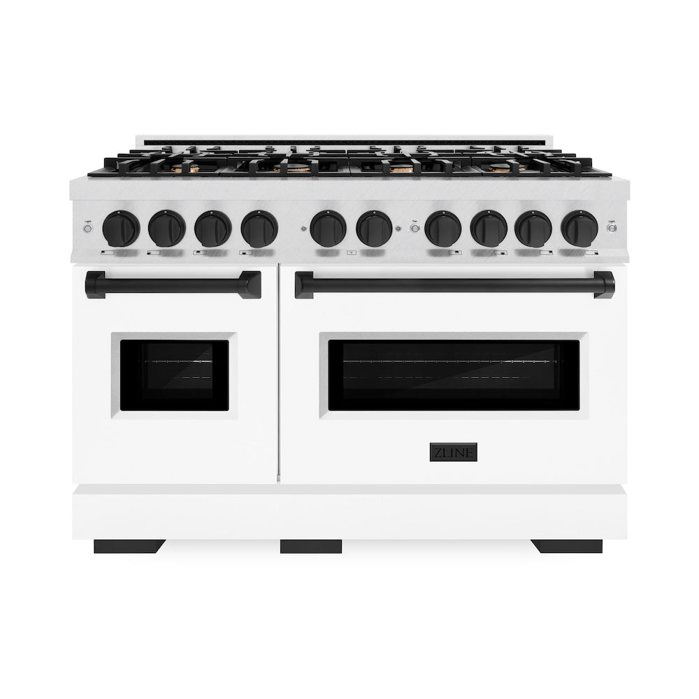 Autograph Edition 48 In. 6.7 Cu. Ft. Classic Double Oven Dual Fuel Range With 8 Burner Gas Cooktop In Satin Stainless Steel With White Matte Doors And Matte Black Accents CDRSZWM48MB