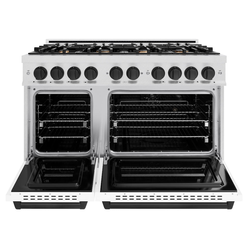 Autograph Edition 48 In. 6.7 Cu. Ft. Classic Double Oven Dual Fuel Range With 8 Burner Gas Cooktop In Satin Stainless Steel With White Matte Doors And Matte Black Accents CDRSZWM48MB