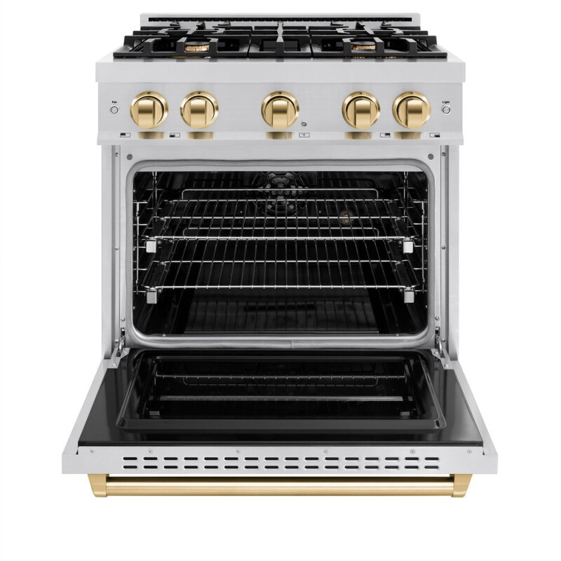 Autograph Edition 30 In. 4.2 Cu. Ft. Classic Dual Fuel Range With 4 Burner Gas Cooktop And Electric Convection Oven In Stainless Steel With Polished Gold Accents CDRZ30G