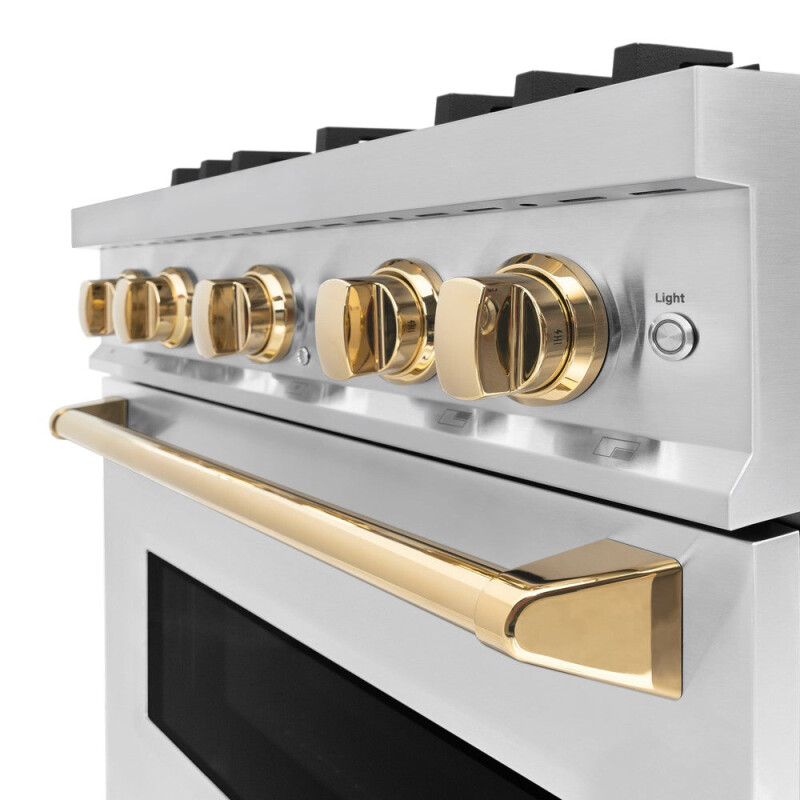 Autograph Edition 30 In. 4.2 Cu. Ft. Classic Dual Fuel Range With 4 Burner Gas Cooktop And Electric Convection Oven In Stainless Steel With Polished Gold Accents CDRZ30G