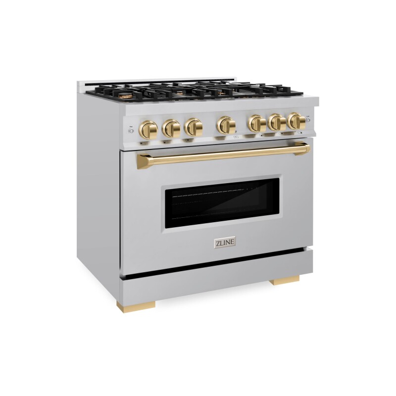 ZLINE Autograph Edition 36 in. 5.2 cu. ft. Classic Dual Fuel Range with 6 Burner Gas Cooktop and Electric Convection Oven in Stainless Steel with Polished Gold Accents (CDRZ-36-G) CDRZ36G
