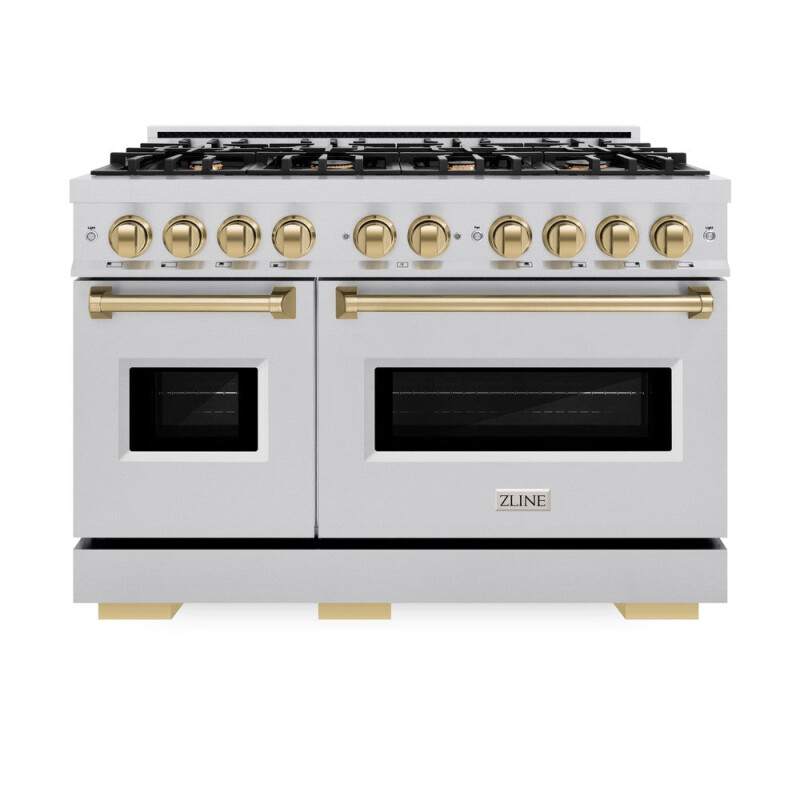 Autograph Edition 48 In. 6.7 Cu. Ft. Classic Double Oven Dual Fuel Range With 8 Burner Gas Cooktop In Stainless Steel And Champagne Bronze Accents CDRZ48CB