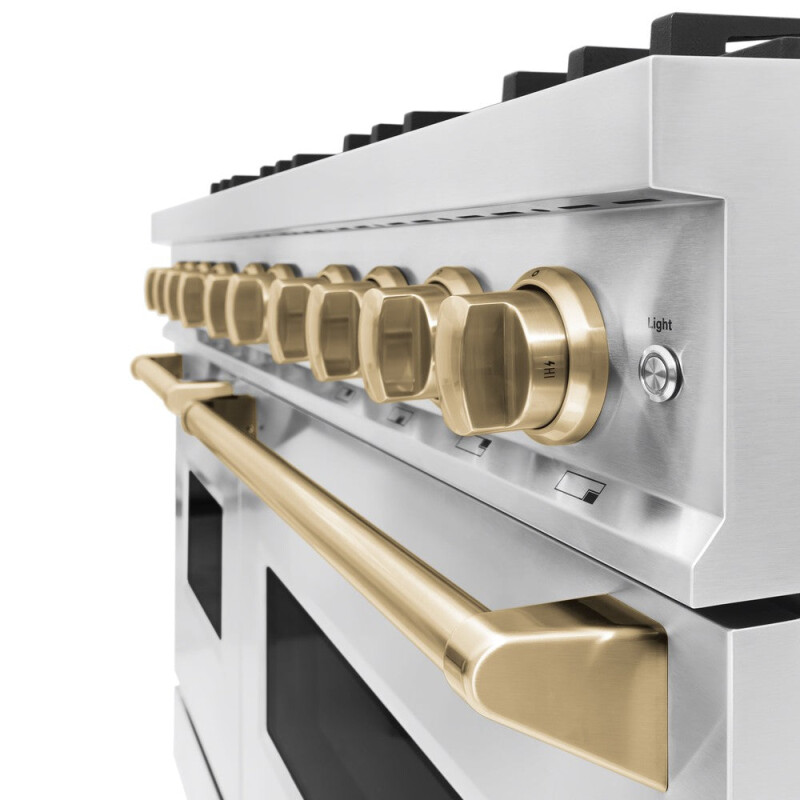 Autograph Edition 48 In. 6.7 Cu. Ft. Classic Double Oven Dual Fuel Range With 8 Burner Gas Cooktop In Stainless Steel And Champagne Bronze Accents CDRZ48CB
