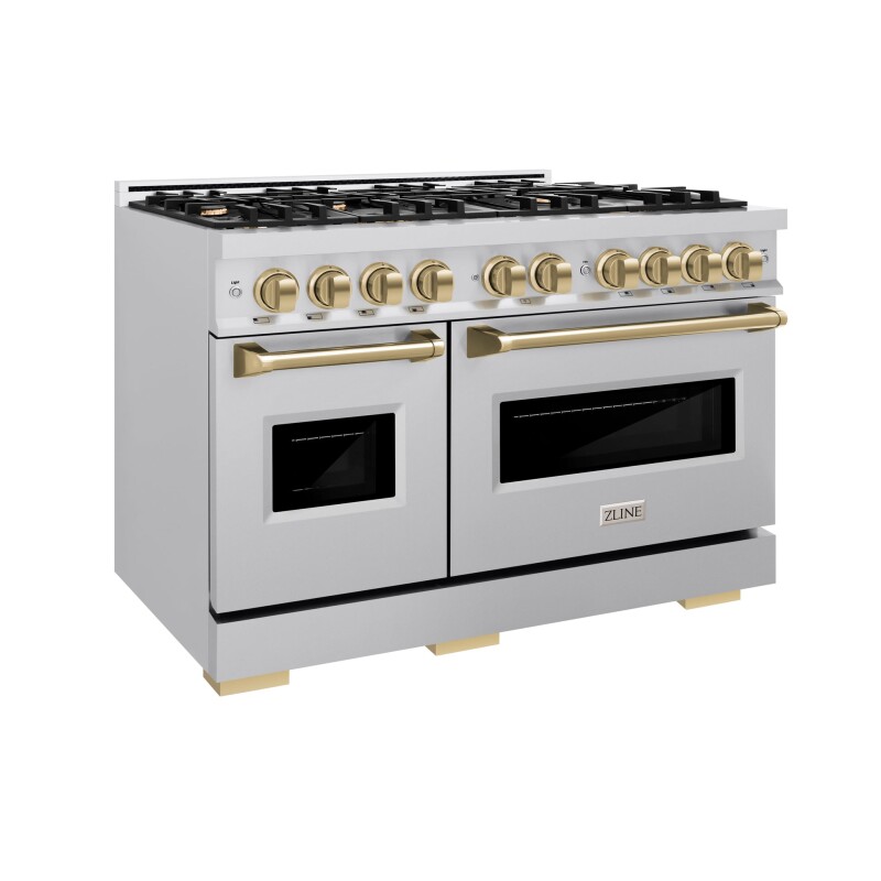 ZLINE Autograph Edition 48 in. 6.7 cu. ft. Classic Double Oven Dual Fuel Range with 8 Burner Gas Cooktop in Stainless Steel and Champagne Bronze Accents (CDRZ-48-CB) CDRZ48CB