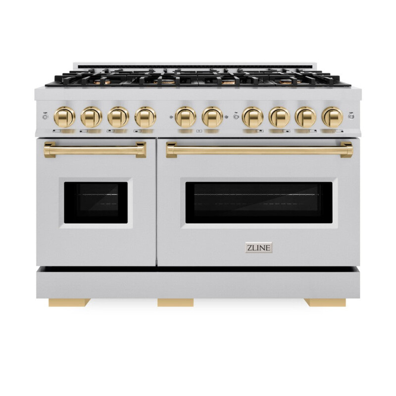 Autograph Edition 48 In. 6.7 Cu. Ft. Classic Double Oven Dual Fuel Range With 8 Burner Gas Cooktop In Stainless Steel And Polished Gold Accents CDRZ48G