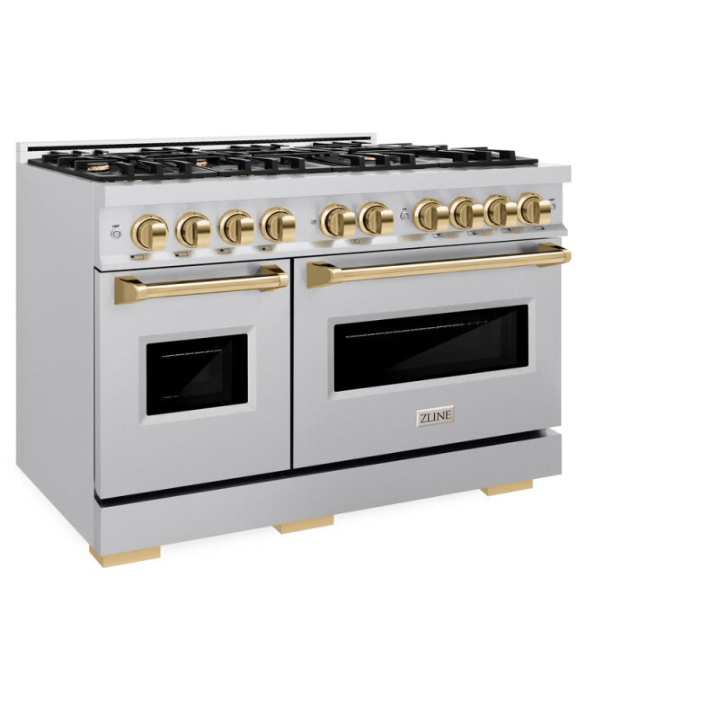 Autograph Edition 48 In. 6.7 Cu. Ft. Classic Double Oven Dual Fuel Range With 8 Burner Gas Cooktop In Stainless Steel And Polished Gold Accents CDRZ48G