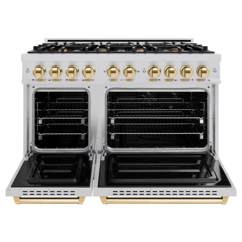 Autograph Edition 48 In. 6.7 Cu. Ft. Classic Double Oven Dual Fuel Range With 8 Burner Gas Cooktop In Stainless Steel And Polished Gold Accents CDRZ48G