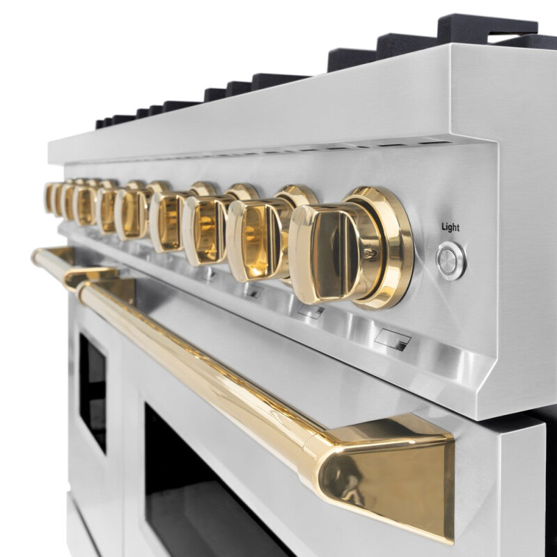 Autograph Edition 48 In. 6.7 Cu. Ft. Classic Double Oven Dual Fuel Range With 8 Burner Gas Cooktop In Stainless Steel And Polished Gold Accents CDRZ48G
