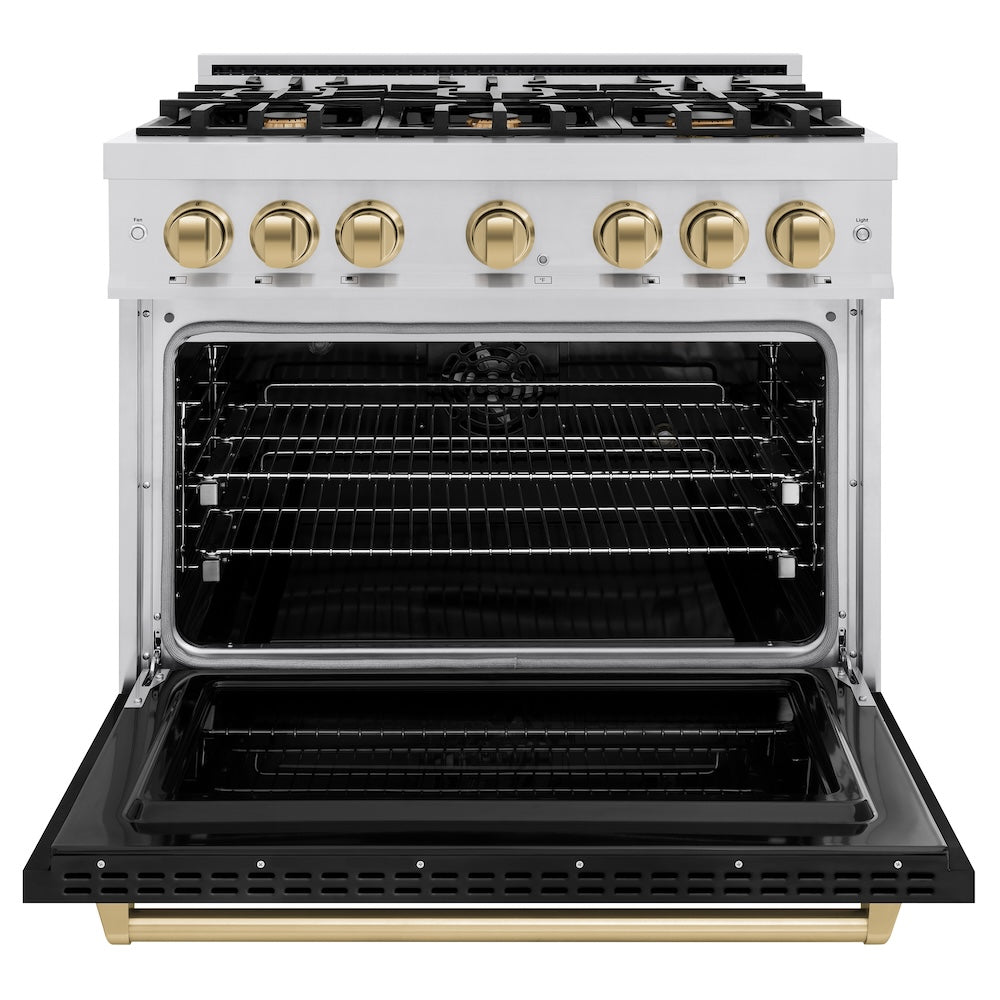 Autograph Edition 36 In. 5.2 Cu. Ft. Classic Dual Fuel Range With 6 Burner Gas Cooktop And Electric Convection Oven In Stainless Steel With Black Matte Door And Champagne Bronze Accents CDRZBLM36CB
