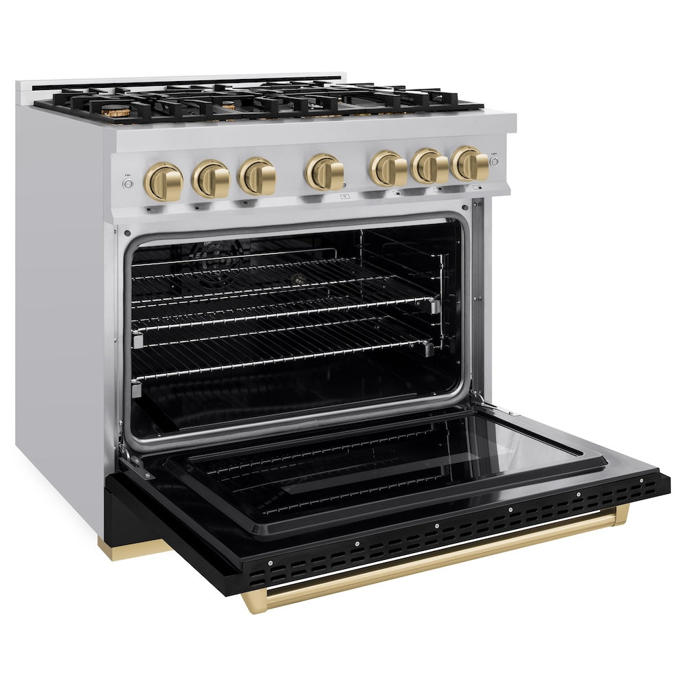 Autograph Edition 36 In. 5.2 Cu. Ft. Classic Dual Fuel Range With 6 Burner Gas Cooktop And Electric Convection Oven In Stainless Steel With Black Matte Door And Champagne Bronze Accents CDRZBLM36CB